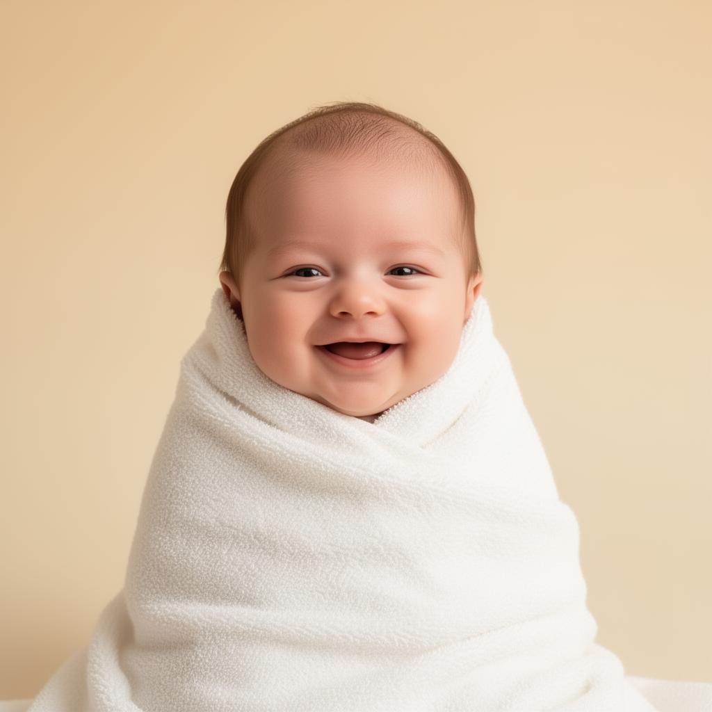 Smiling newborn wrapped in soft white towel